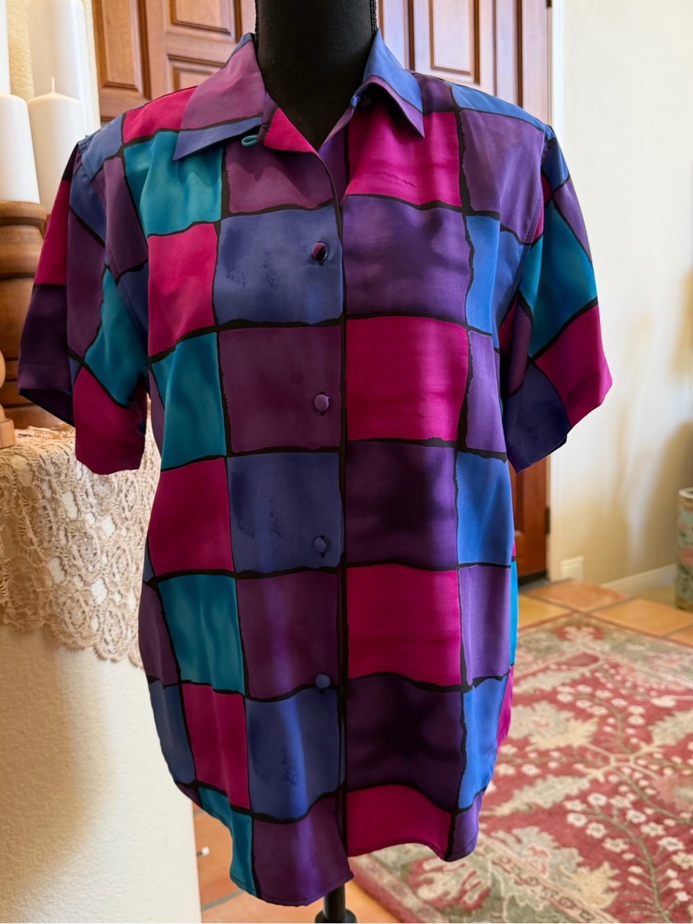 Vibrant Colorblock Short-Sleeve Button-Up Blouse - Purple Teal Fuchsia